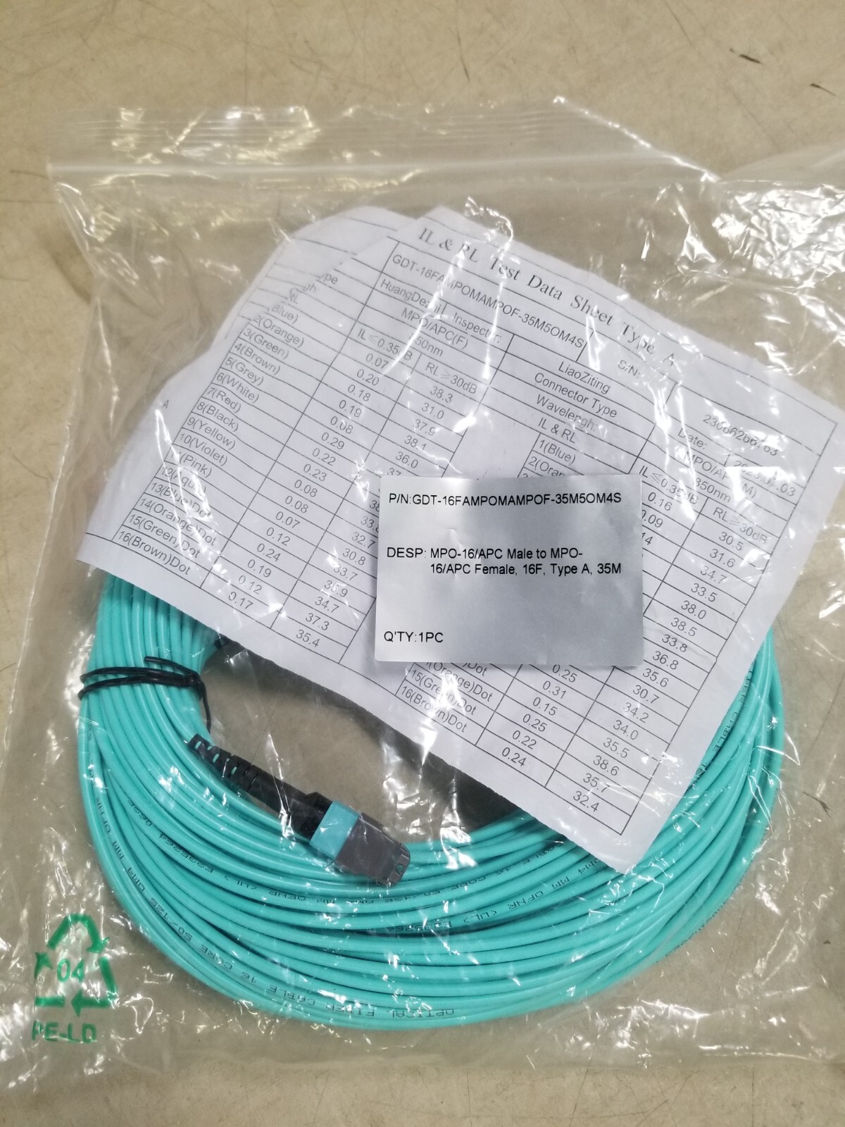 MPO-16/APC Male to MPO-16/APC Female 16F Type A, 35 Meter