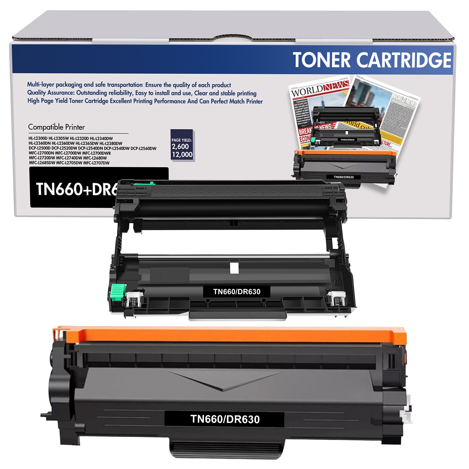 TN660 & DR630 Toner Cartridge Lot Fits for Brother DCP-L2500D L2540DN MFC-L2680W