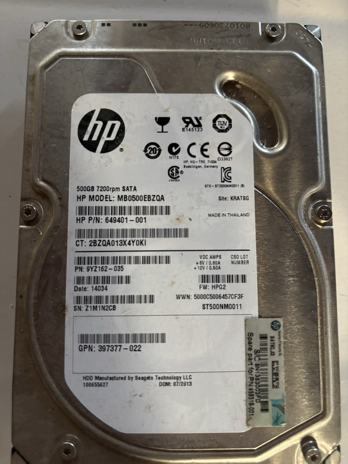 HP 649401-001 MB0500EBZQA 9YZ162-035 ST500NM0011 500GB 7200RPM SATA H.D USED