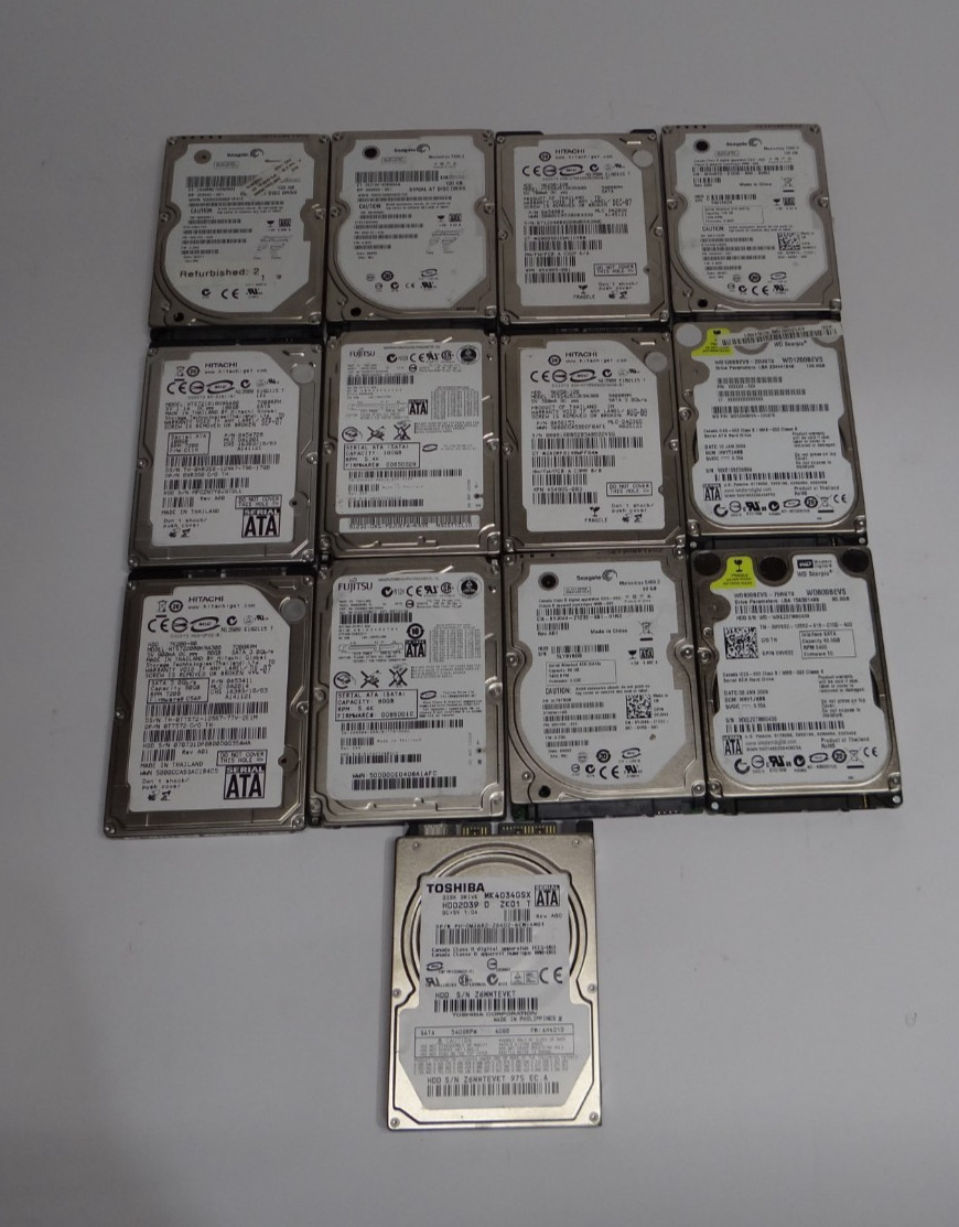 Mixed Lot of (13) -  2.5” SATA Laptop HDD’s 120GB 100GB 80GB 40GB Tested Wiped
