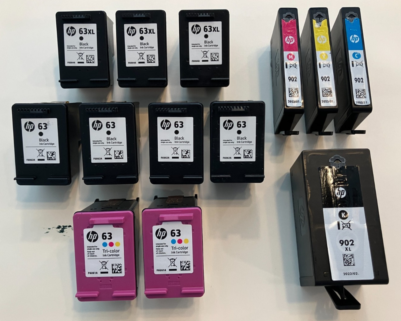 13 Empty HP Ink Cartridges, Genuine 63, 63 XL, 902 Black Color, Never Filled LOT