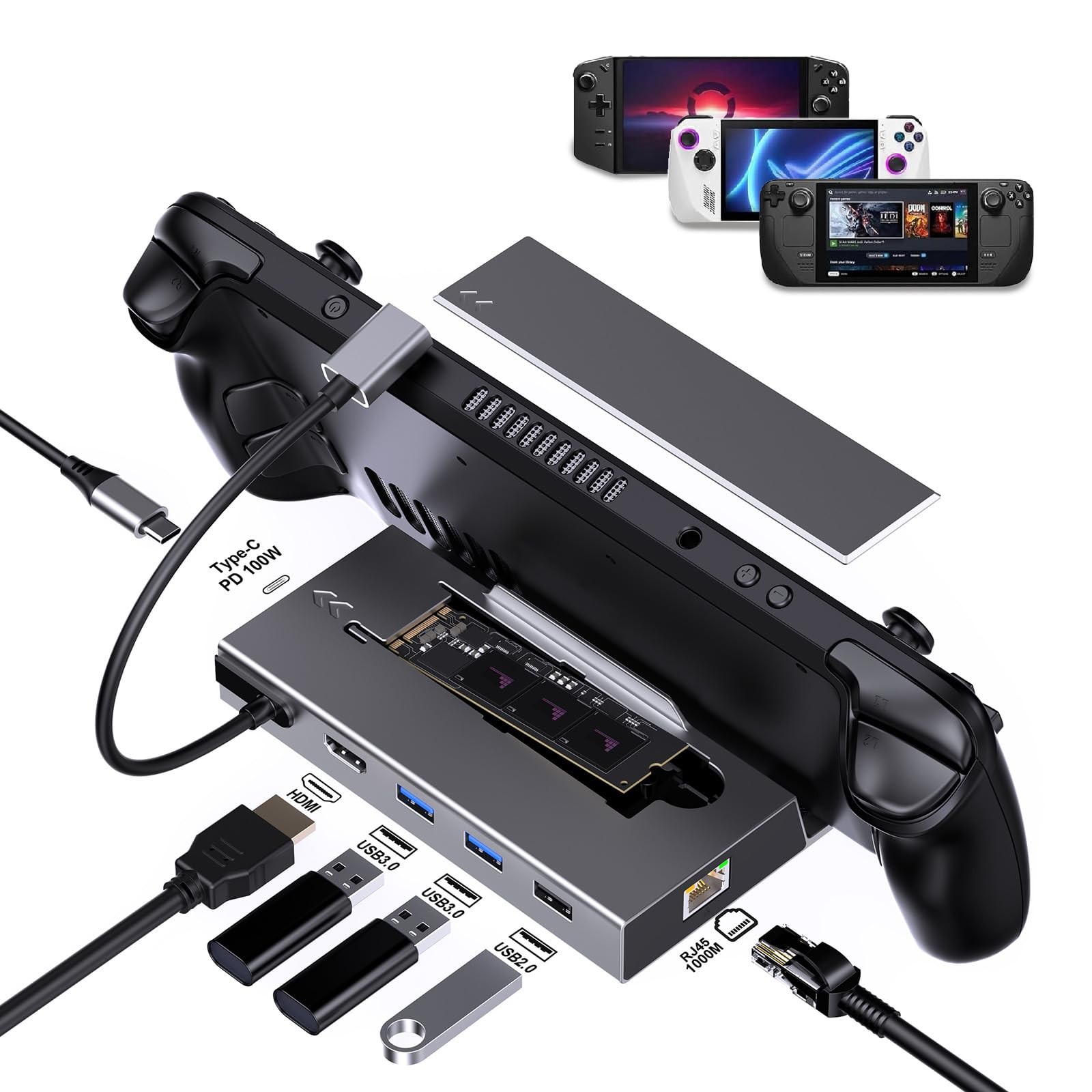 GKI Steam Deck Dock with M.2 SSD, 7-in-1 Docking Station for ROG Ally & Legion