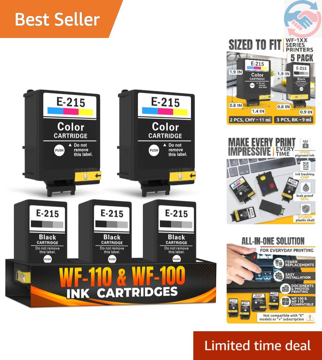 5 Pcs 215 Ink Cartridge Replacements, 3 Black and 2 Tri-Color Combo