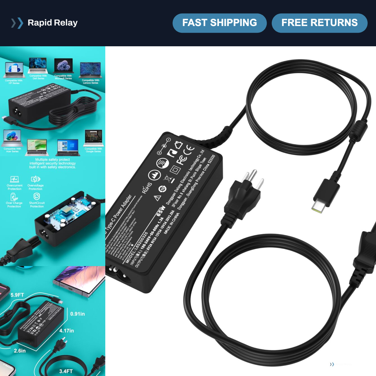 65W USB C Laptop Charger, Universal Compatibility for HP, Lenovo, Dell & More