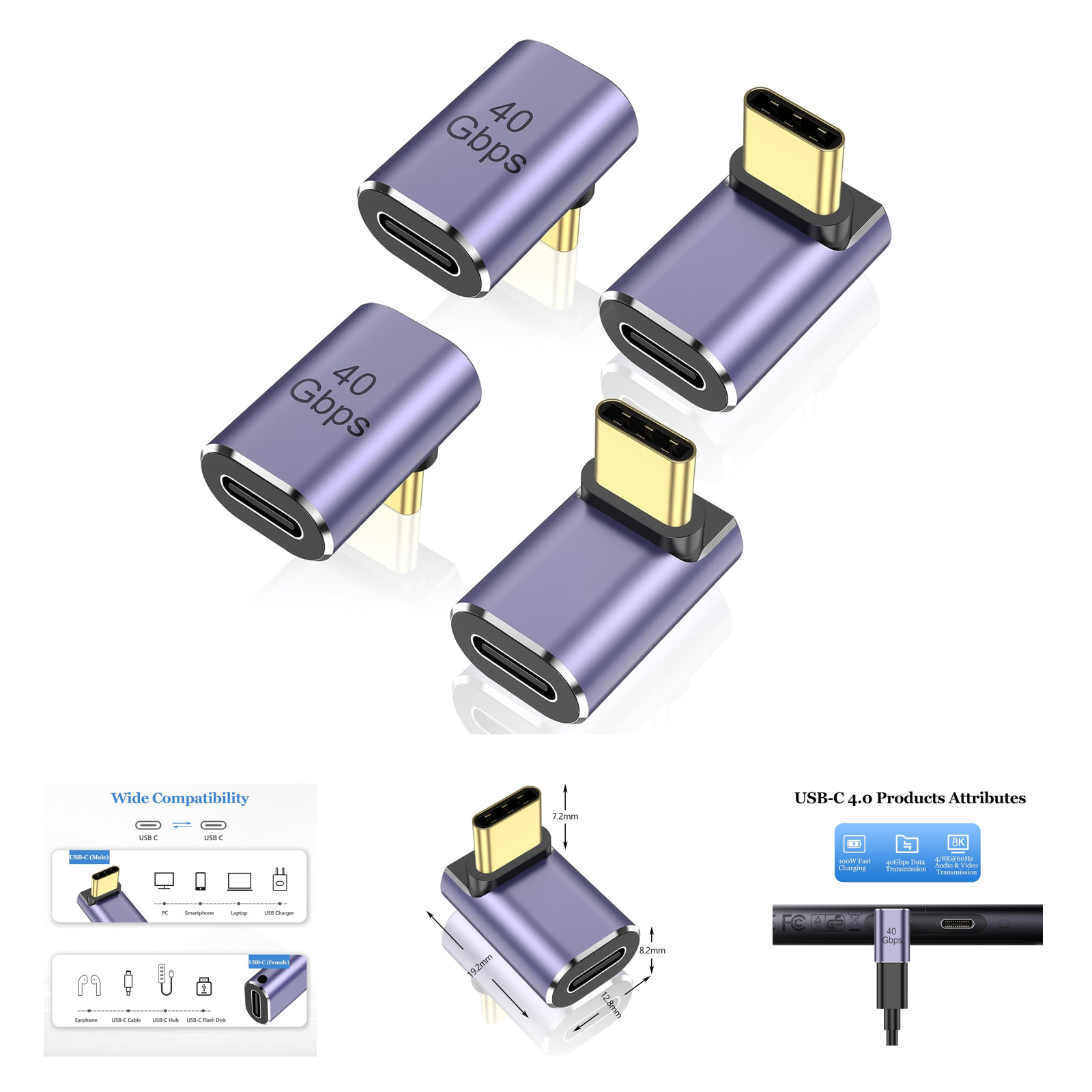 4 Pack Usb C Adapter 90 Degree Right Angle 100W Usb4 High Speed Compatible