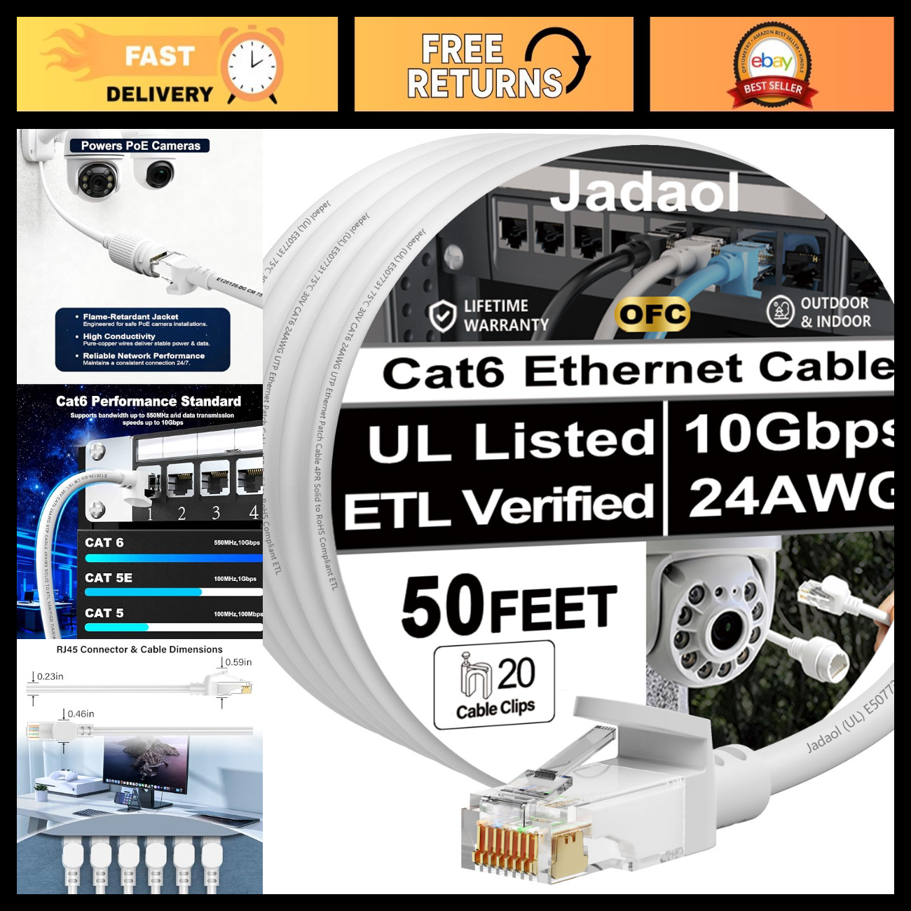 50ft Cat6 Ethernet Cable, UL Listed, 10Gbps, PoE++, Clips Included, White