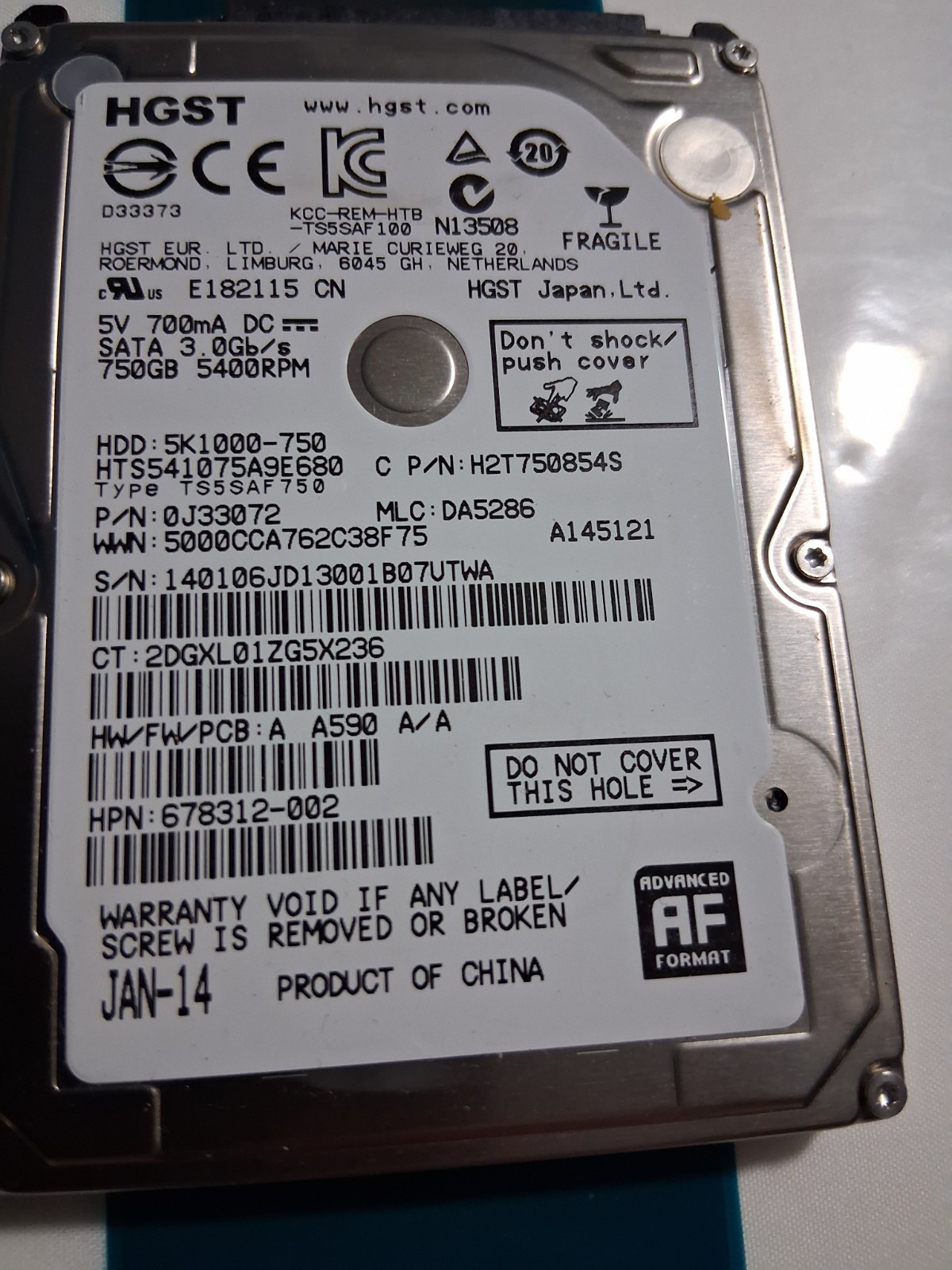 HGST TravelStar 5K1000 HTS541075A9E680 750 GB 2.5" SATA Laptop Hard Drive