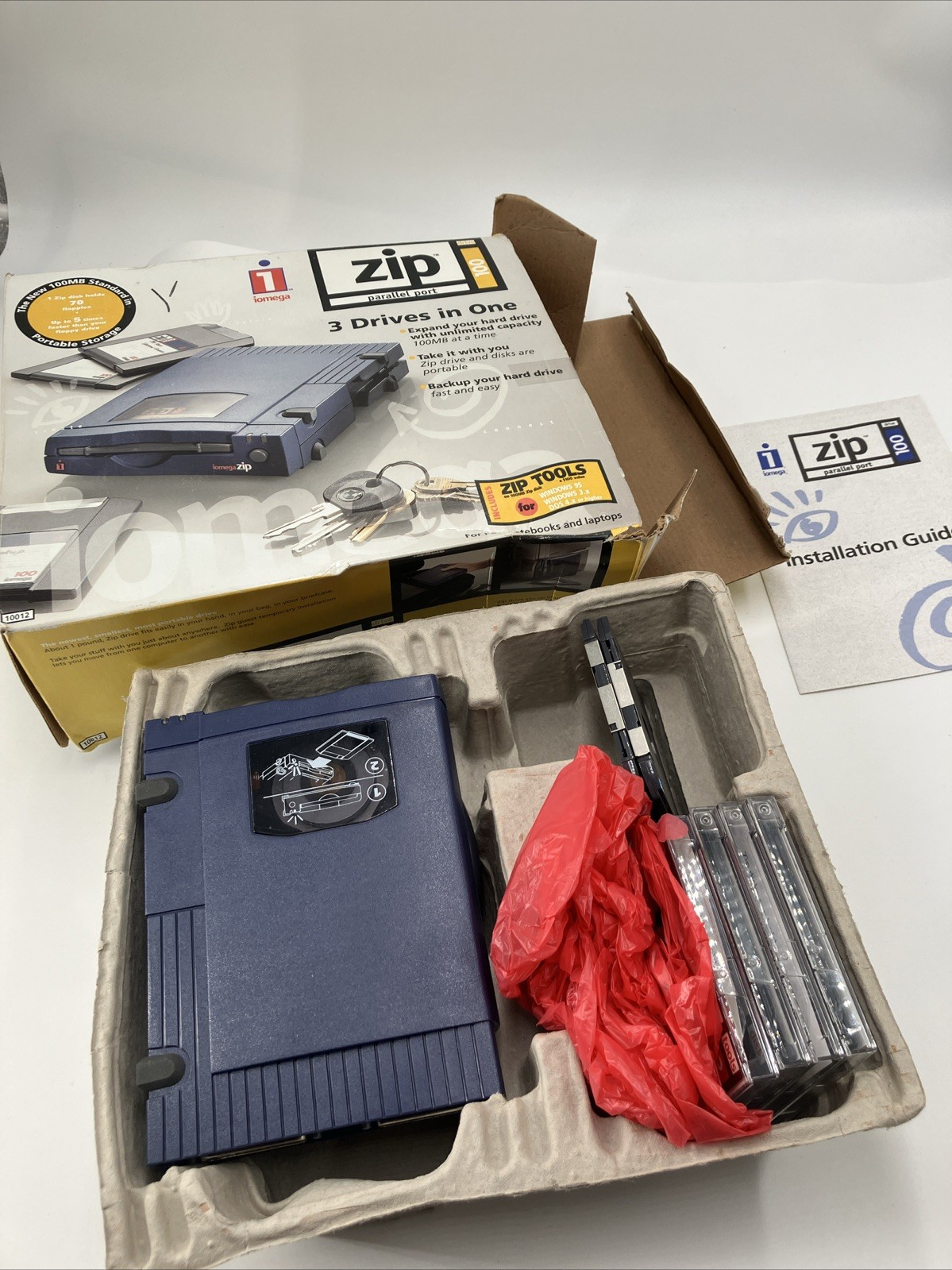 NEW OPEN BOX iomega Zip 100 Parallel Port External Drive 3 Drives in One READ