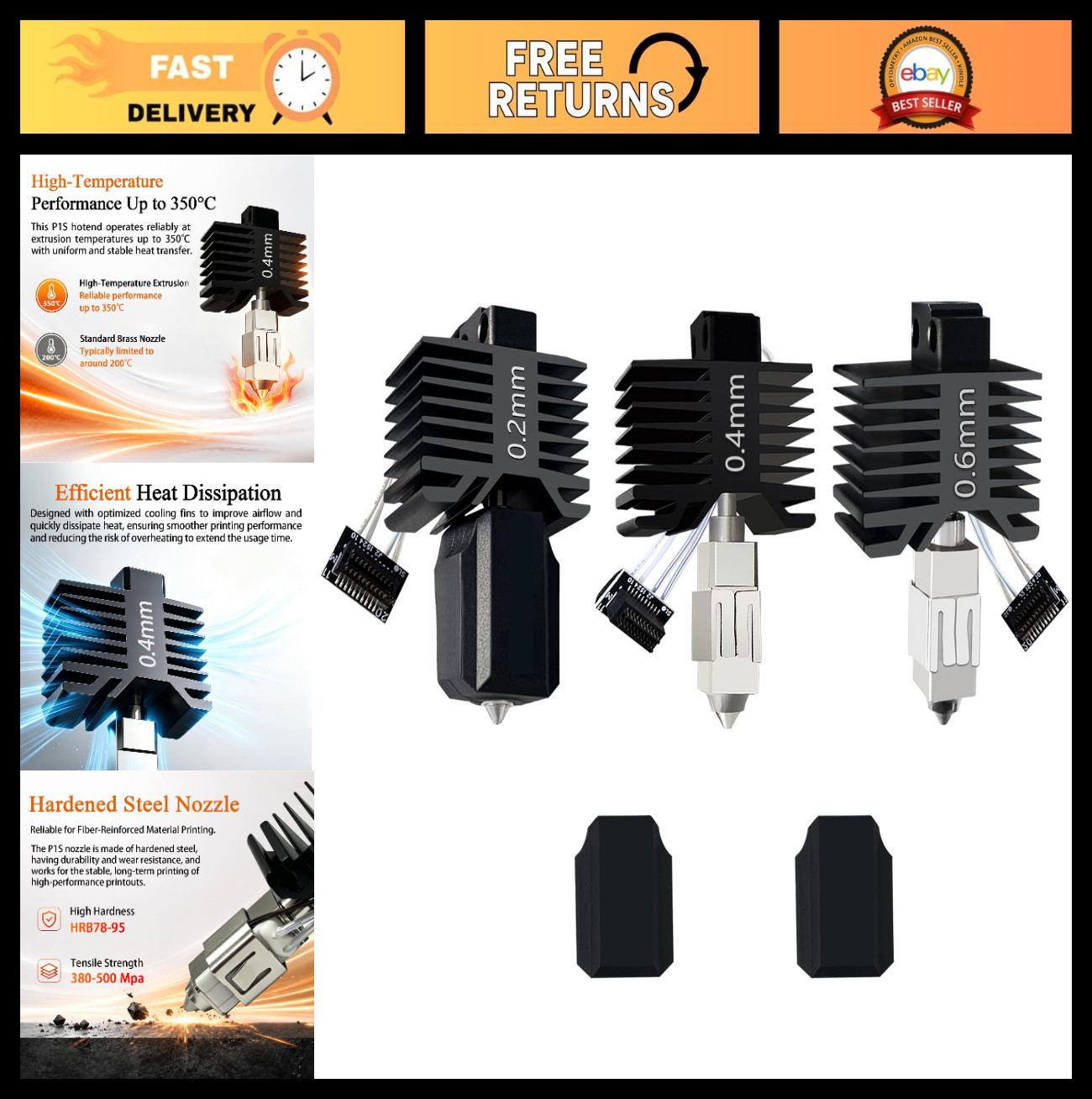 3PK Hotend Nozzles 0.2MM 0.4MM 0.6MM Leak-Proof for P1P 3D Printers - Upgraded