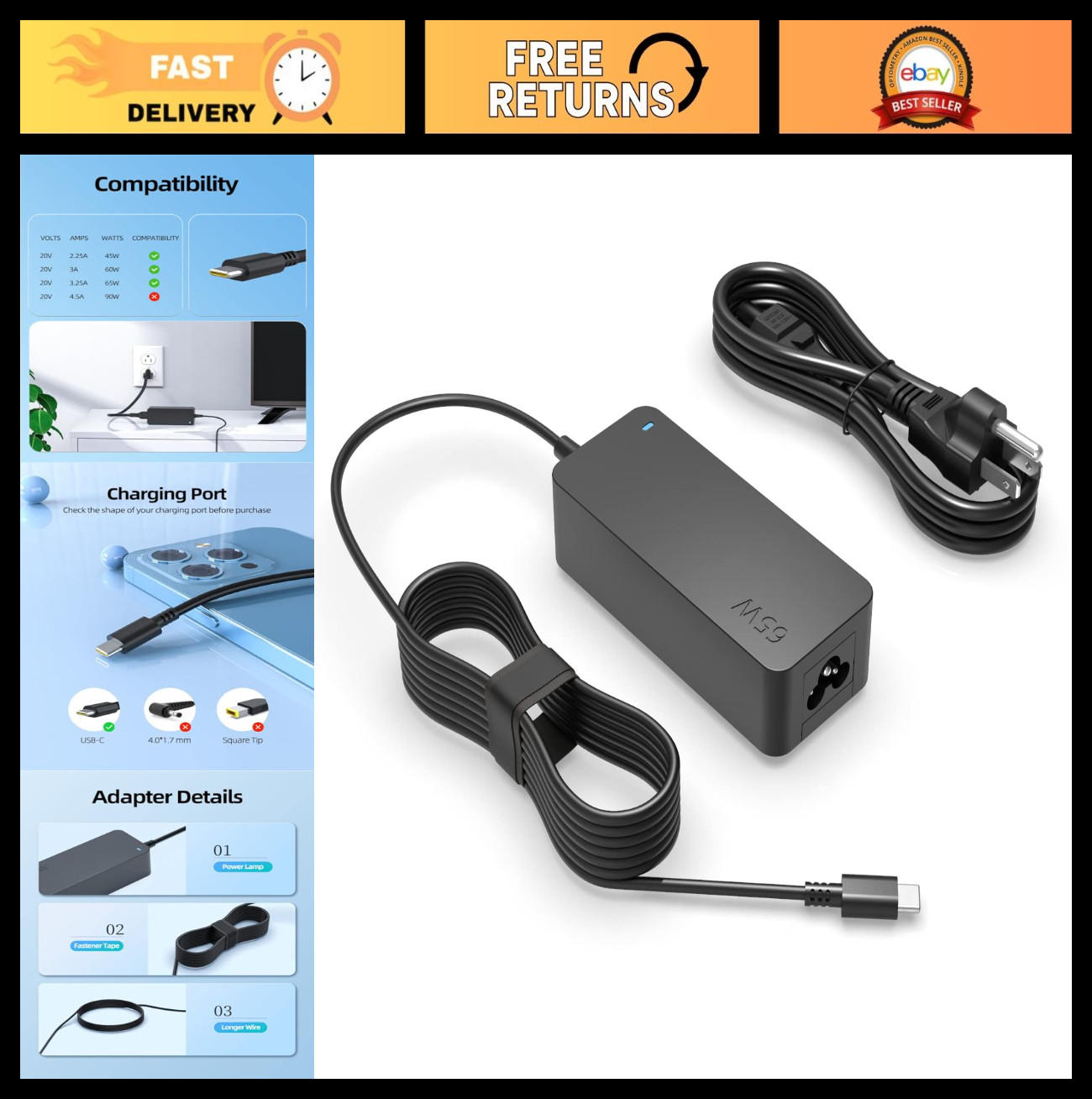 65W USB-C Laptop Charger for Lenovo ADLX Models - Fast Charging, Compact Design