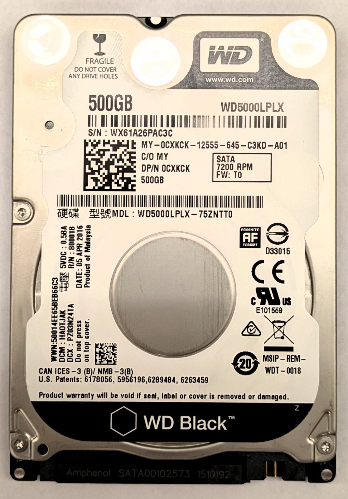 Western Digital WD Black 500GB 2.5" SATA Hard Drive 7200 RPM WD5000LPLX