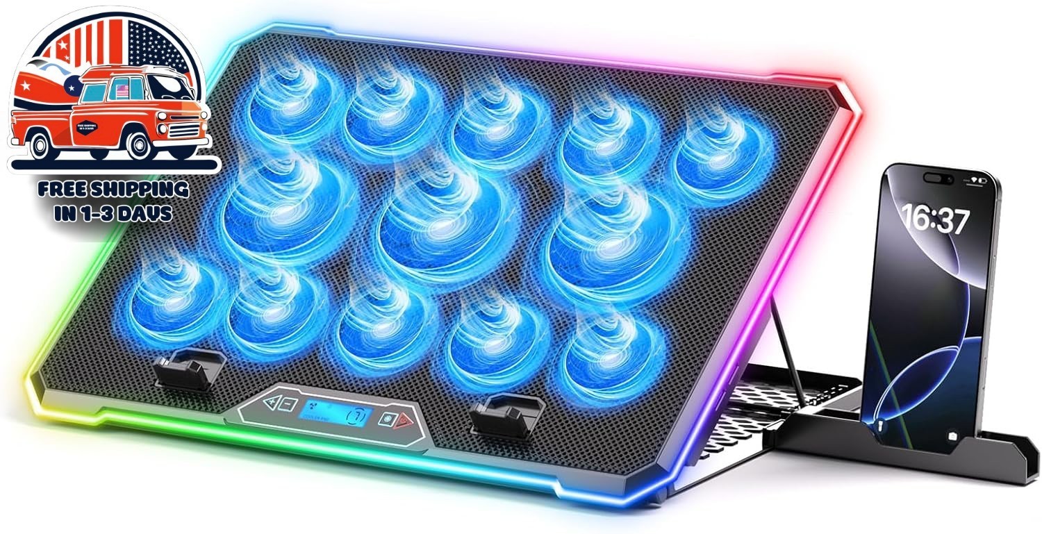Enfriador Portátiles Para Juegos 13 Ventiladores Silenciosos Y Luces LED NEW US
