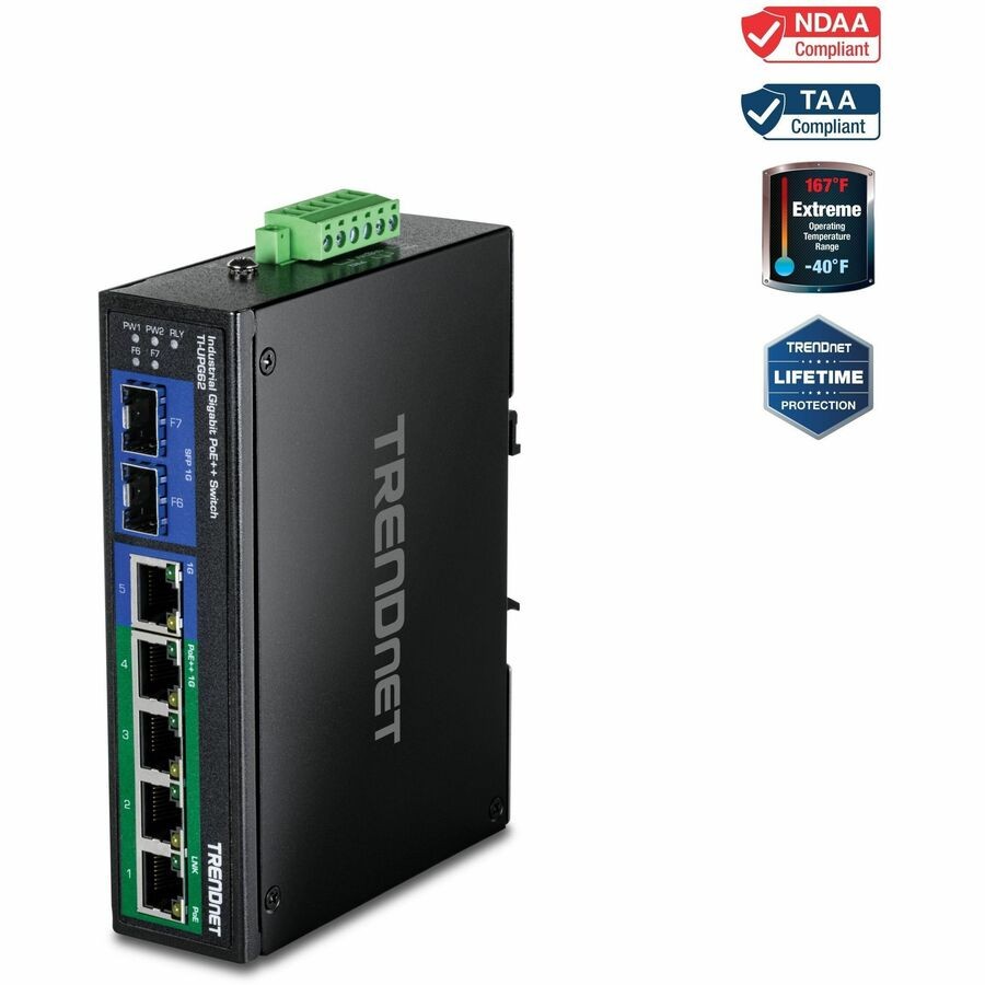 TRENDnet 7-Port Industrial Gigabit PoE++ DIN-Rail Switch, TI-UPG62, 240W Power