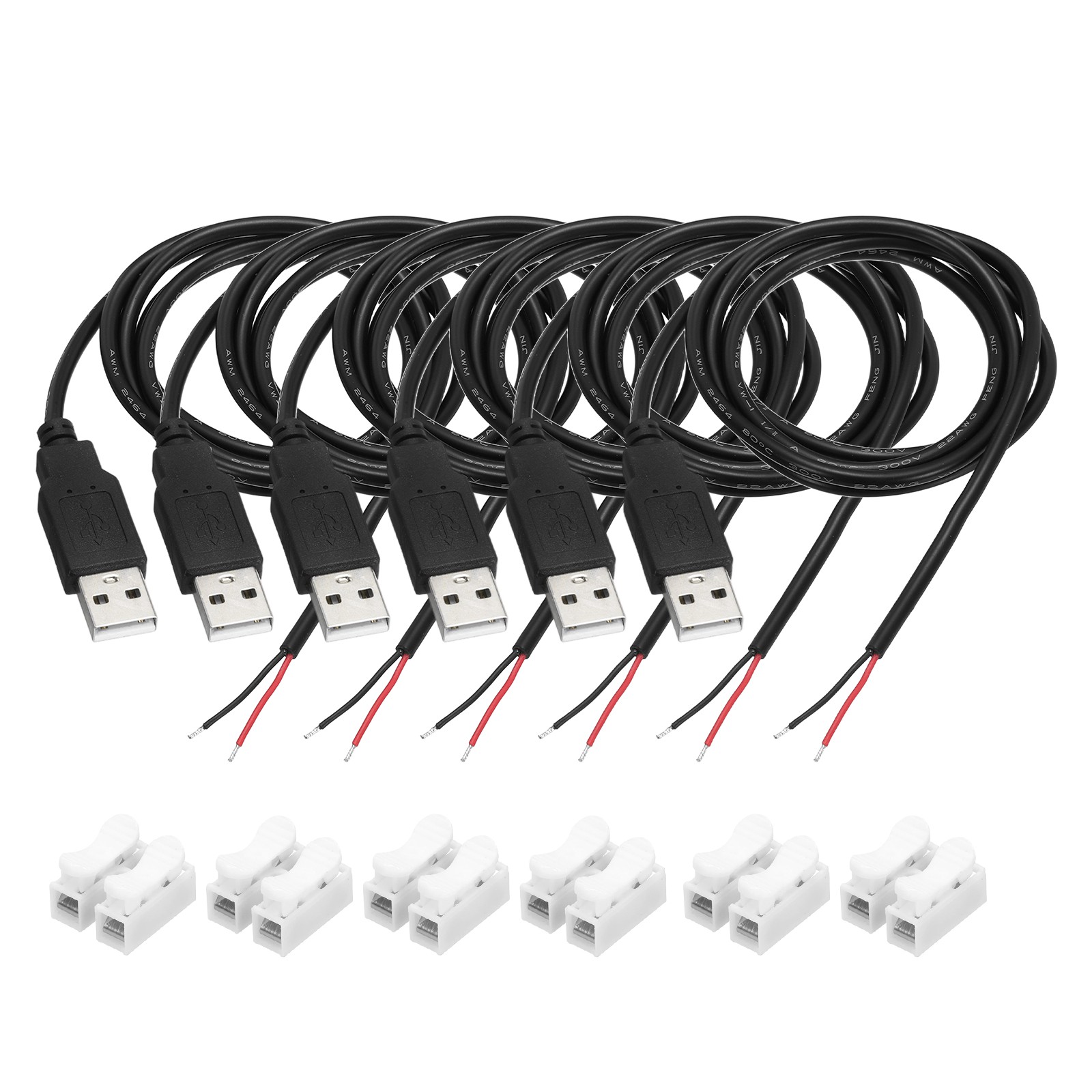 6Pcs USB Plug Pigtail, 1M/3.2FT Male 22 AWG 5V 3A with Wire Connector, Black