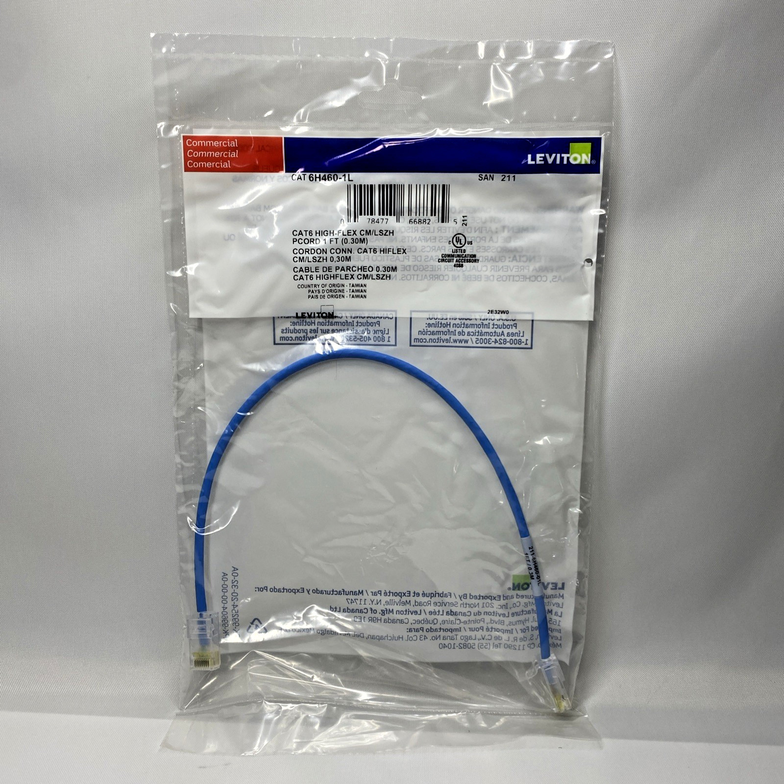 Leviton 6H460-1L Cat 6 High-Flex Patch Cord 1ft Blue Ethernet Network Cable