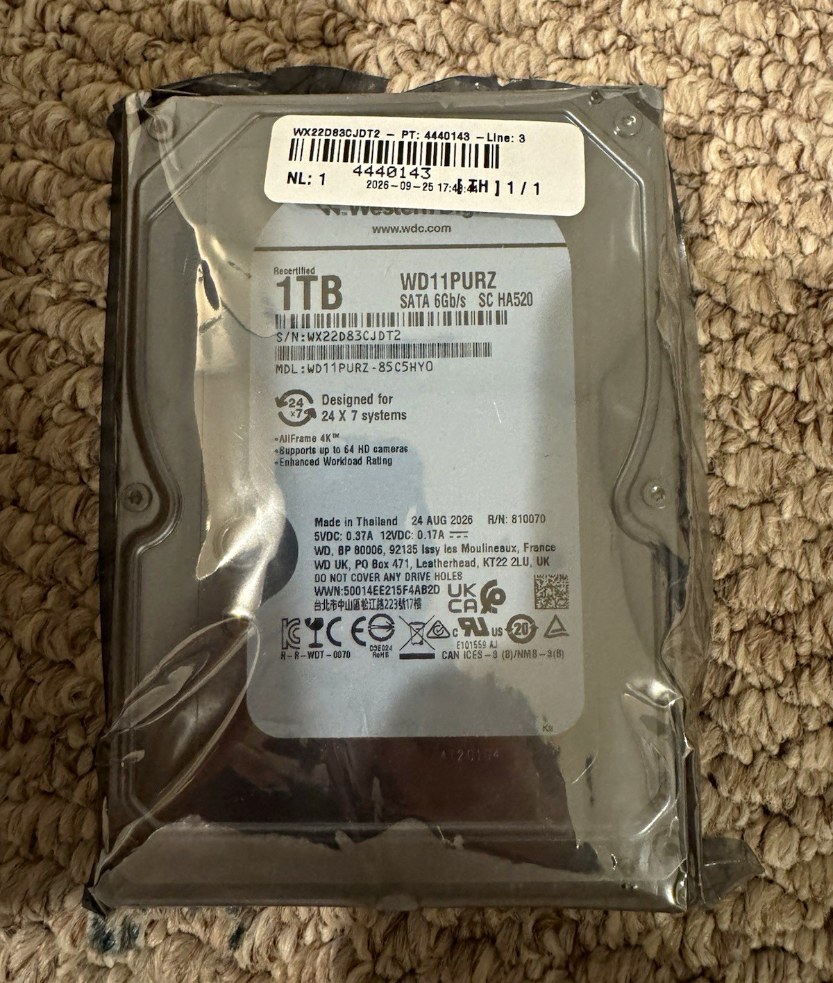 Western Digital WD Purple WD11PURZ 1TB 3.5" SATA III 5400RPM 64MB 24/7