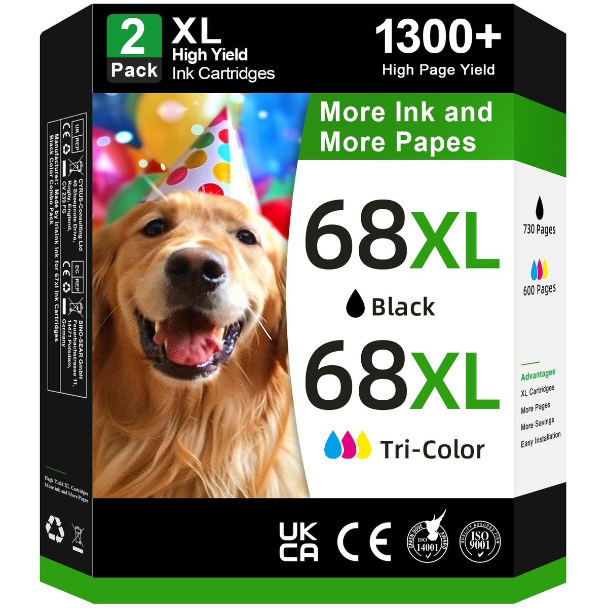 68XL Ink Cartridges Black Combo Pack Compatible for HP 68