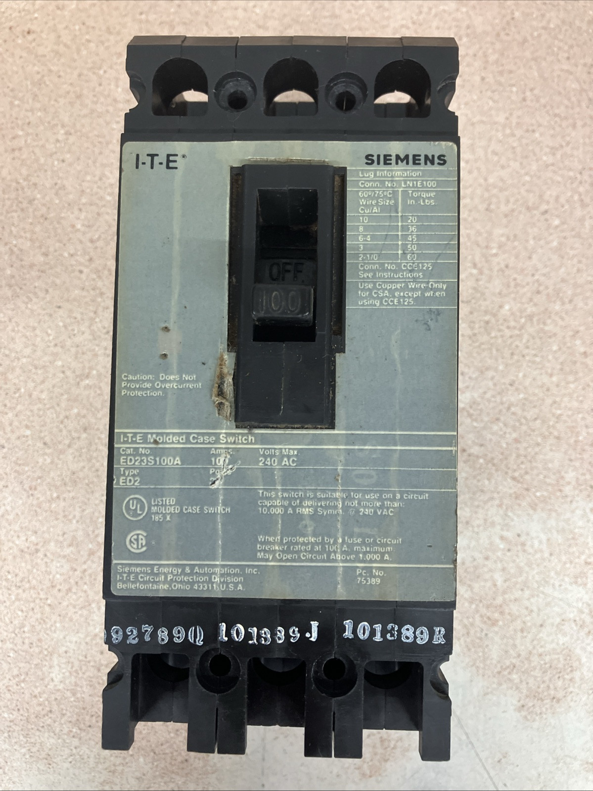 ED23S100A SIEMENS I-T-E TYPE ED2 CIRCUIT BREAKER 100 AMP 240V 3-POLE SEE PICS