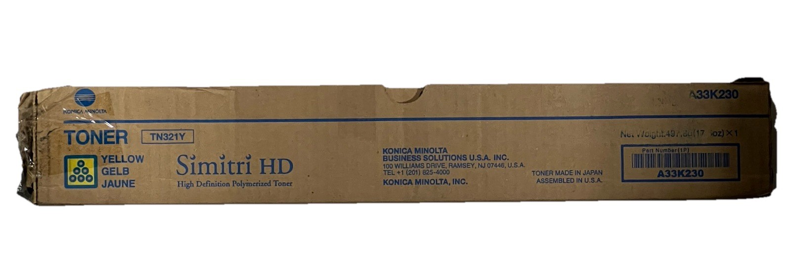 Konica Minolta TN321Y A33K230 Genuine Toner Cartridge - Yellow-Open/Worn Box