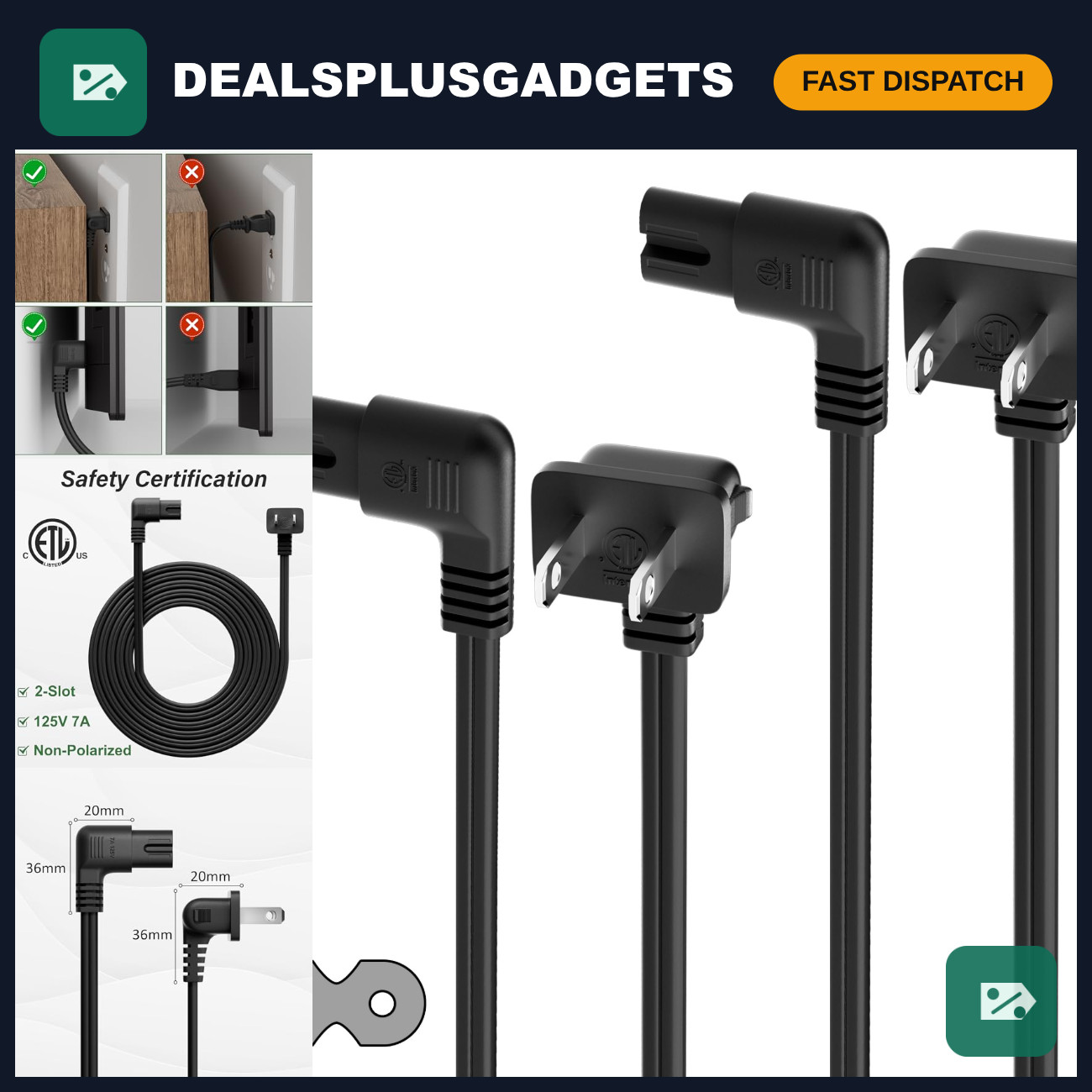 12FT 2-Pack 90° L-Shaped Power Cord, IEC320 C7 to NEMA 1-15P, Non-Polarized Cabl
