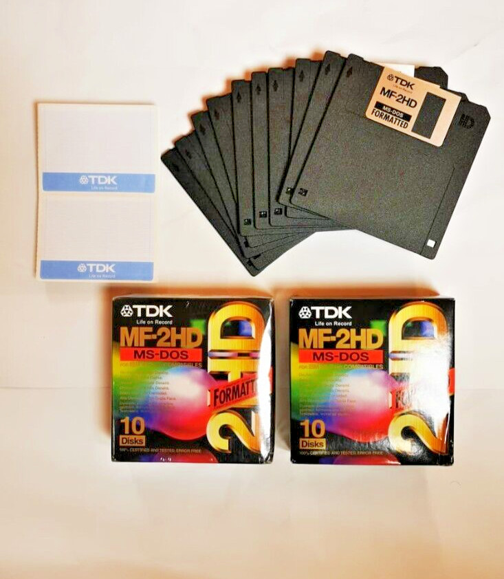 5x TDK floppy disks 1,44MB MF2HD new, label MS-DOS formatted from shrink-wrapped P
