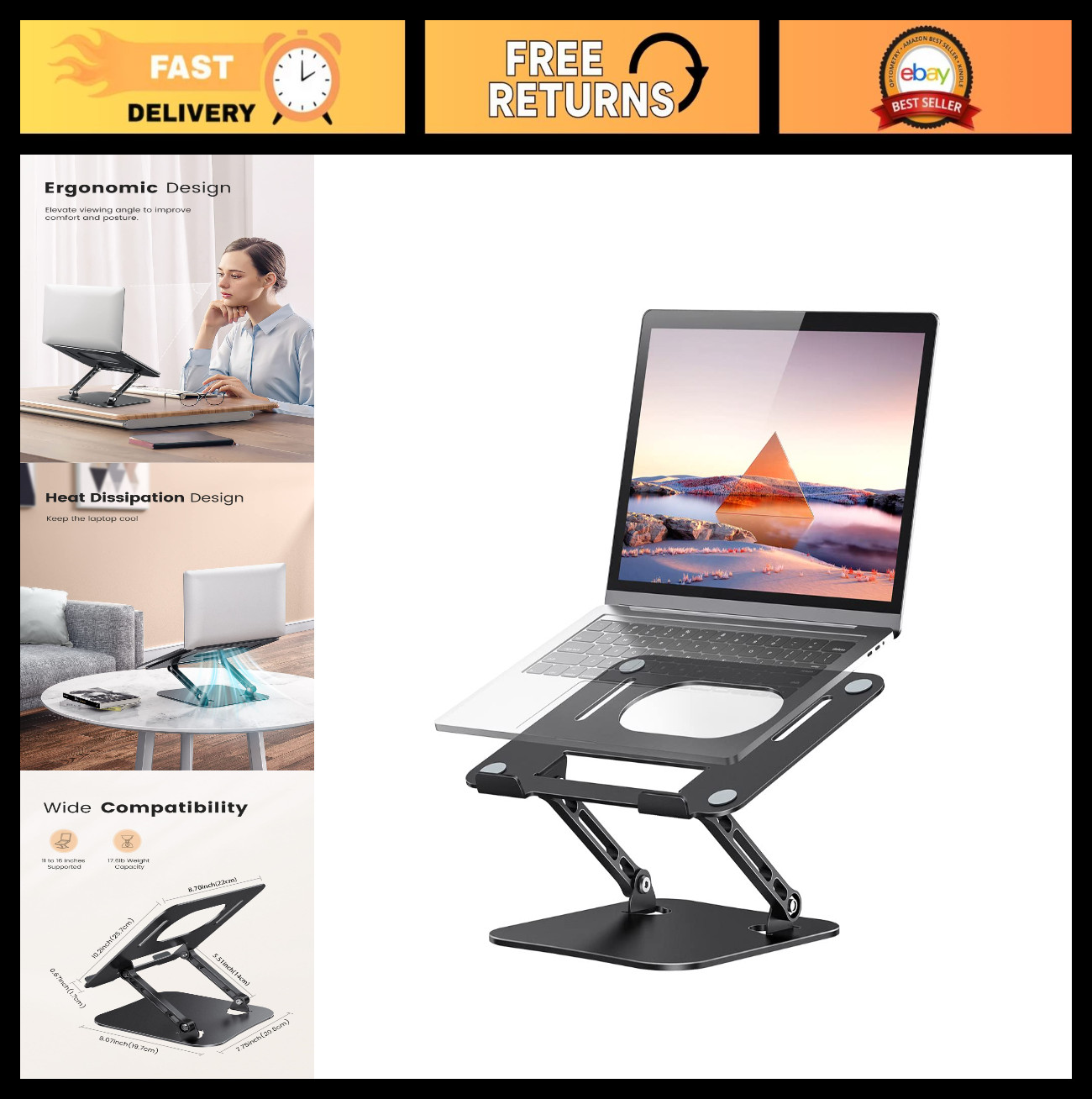 Adjustable Aluminum Laptop Stand, Ergonomic Riser for 11-16" Laptops, Portable &