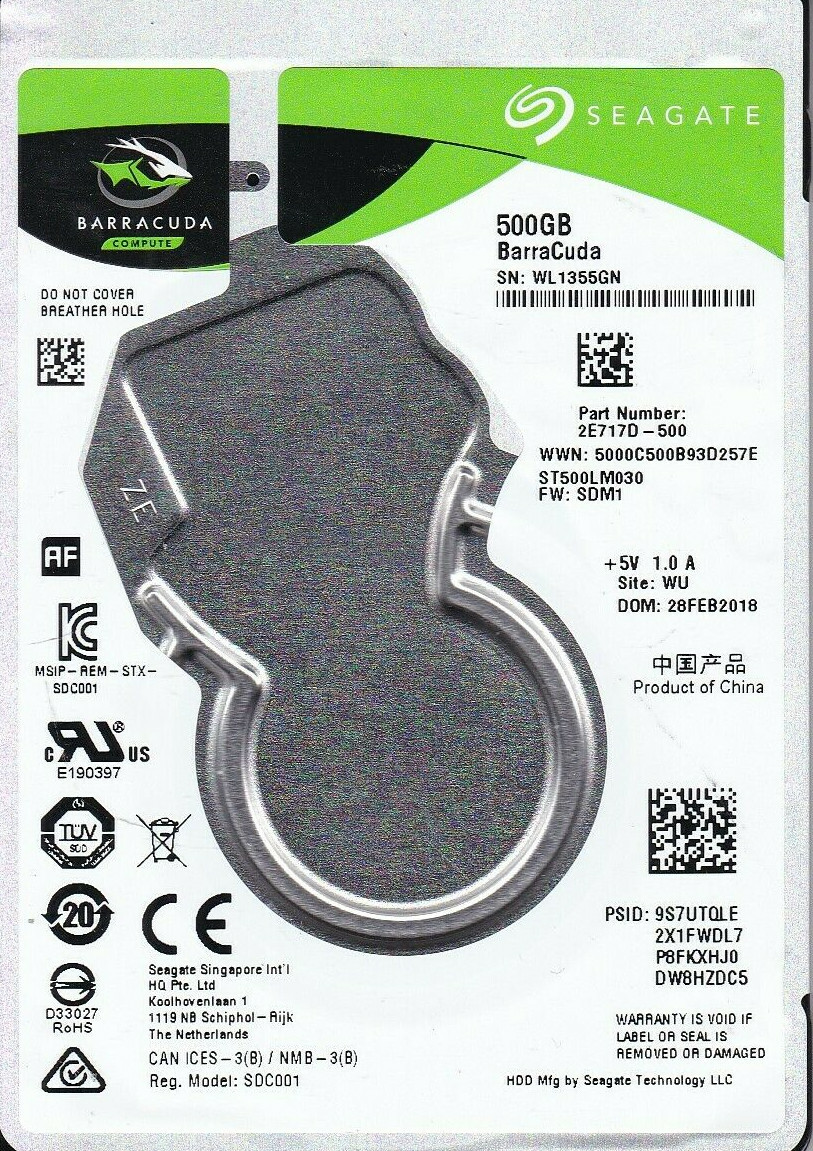 ST500LM030 pn: 2E717D-500 SDM1 WL1 WU 2018 500GB SATA 2.5" HDD C14-38