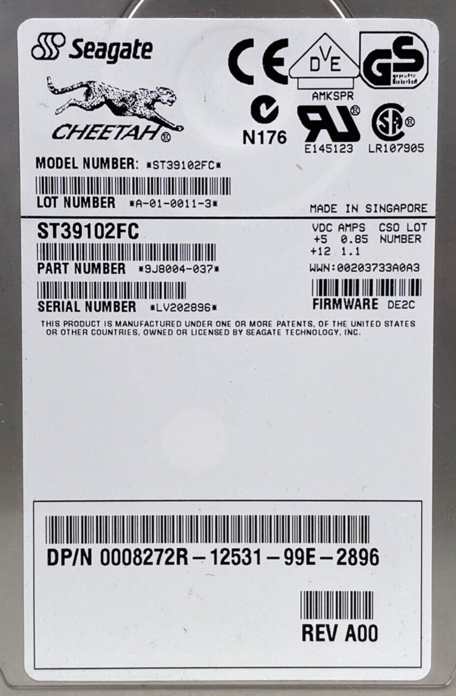 Seagate Cheetah-Model # ST39102FC Part # 9J8004-037-Fibre Channel FC Hard Drive