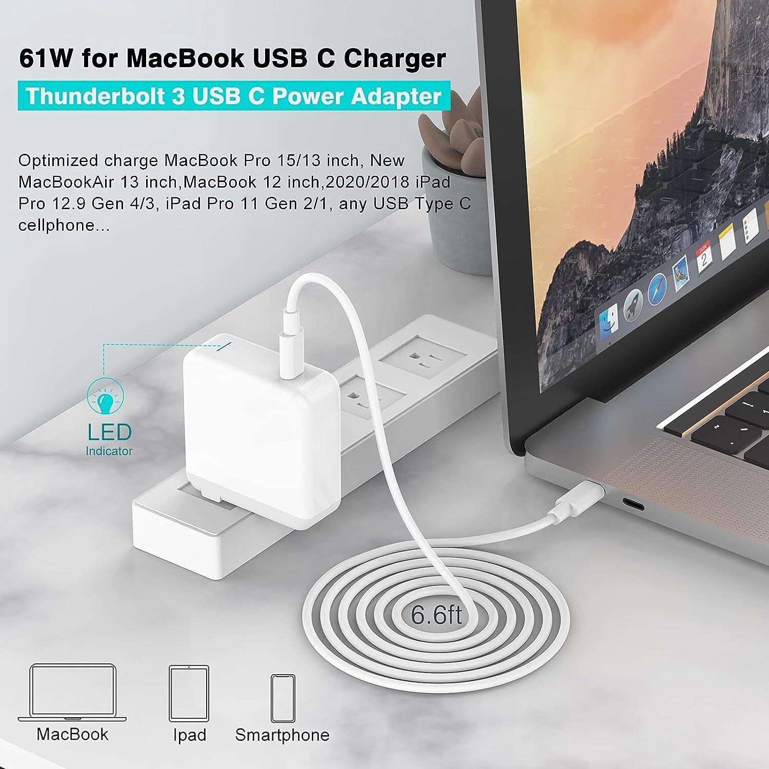 SZ Power 61W USB-C Wall Charger for MacBook, iPad, Android, PC (White)