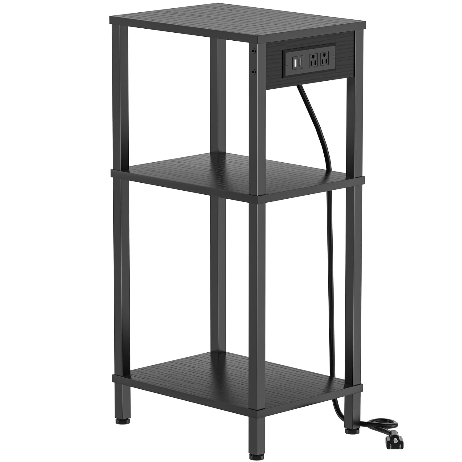 Tall End Table with Charging Station, 3 Tier Black Side Table with Storage, S...