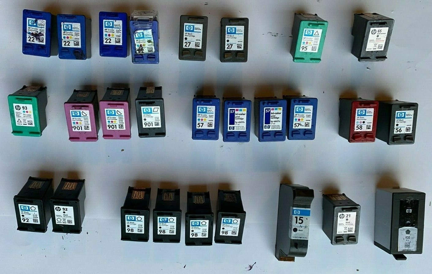 27 EMPTY Virgin Ink Cartridges HP 15,21,22,27,56,57,58,65,92,93,95,98,901,920 