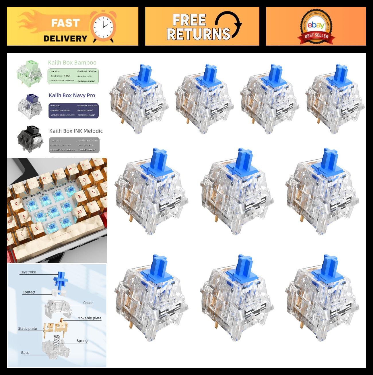 105Pcs Crystal Blue Mechanical Keyboard Switches, 3 Clicky Kailh Style Switches