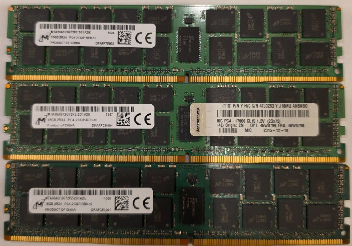 LOT of 3 Micron 16GB PC4-2133P-RB0 MTA36ASF2G72PZ-2G1 DDR4 Server RAM Memory
