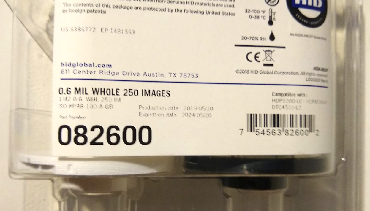 HID Fargo 082600 82600 PolyGuard Overlaminate 0.6Mil Clear 250ct HDP5000