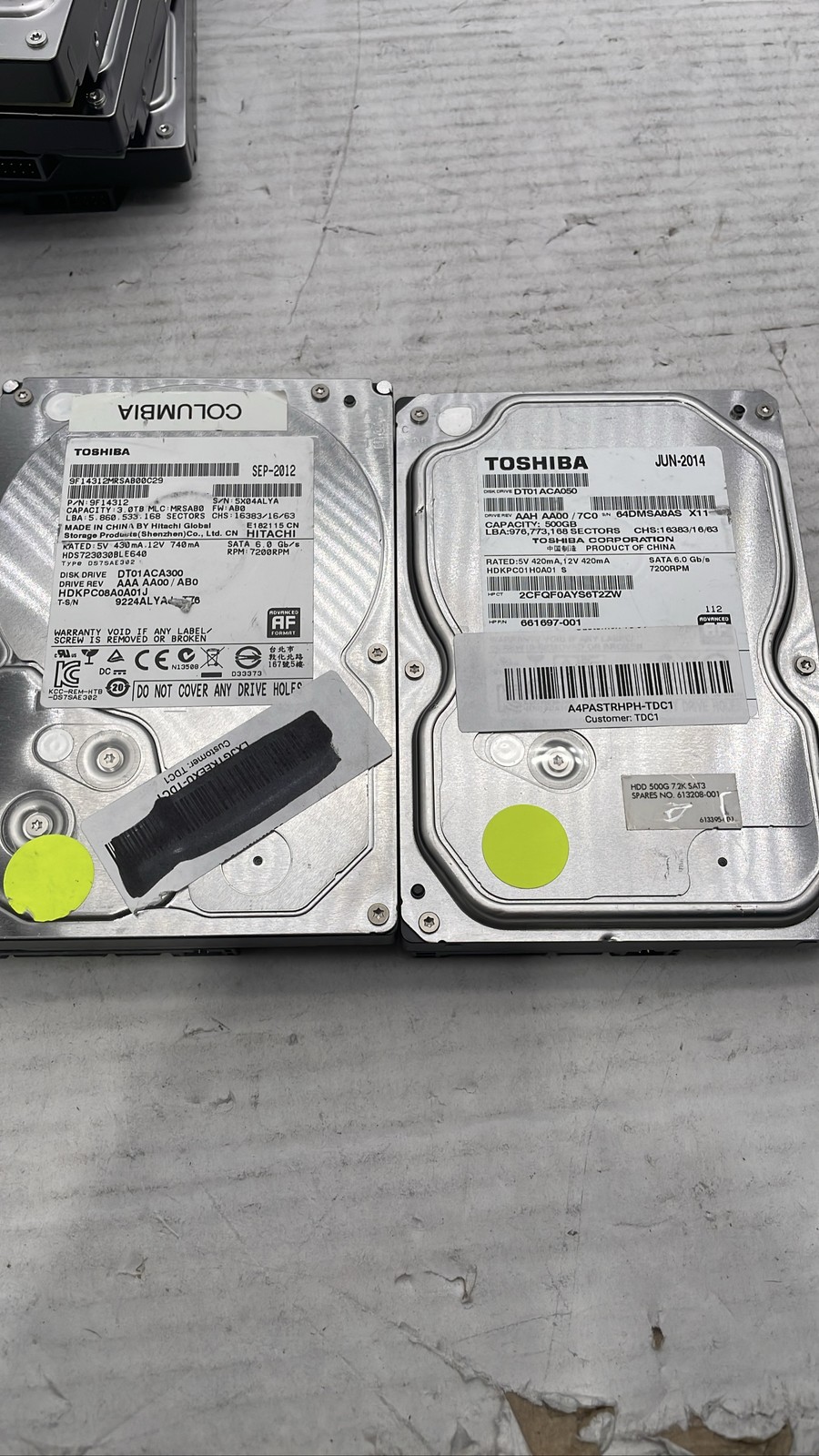 Toshiba 500GB DT01ACA050 & 3TB DT01ACA300 SATA 6Gb/s 7200RPM HDD Lot of 2 Unit