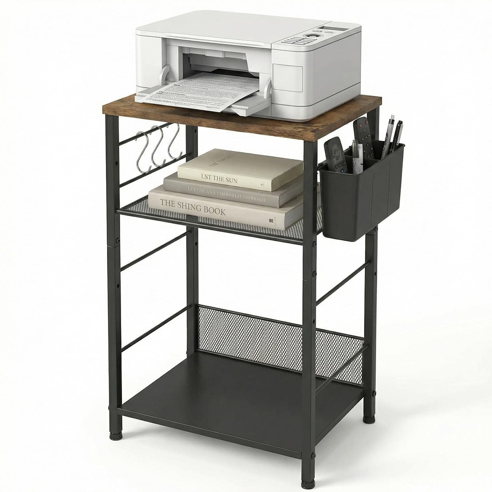 3 Tier Under Desk Printer Stand Adjustable Shelf Rustic Brown Heavy Duty