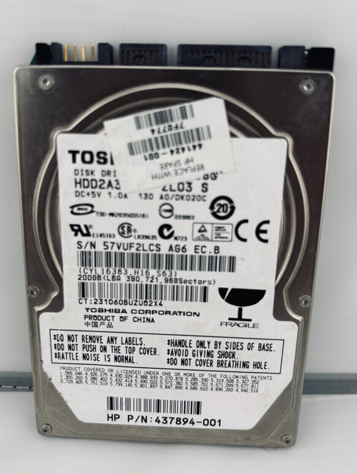 Toshiba 200GB 2.5” SATA Laptop Hard Drive HDD2A3200 HP 437894-001 Untested