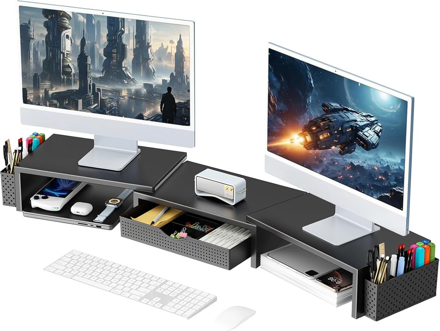 Dual Monitor Stand Riser with Drawer and 2 Pen Holders
