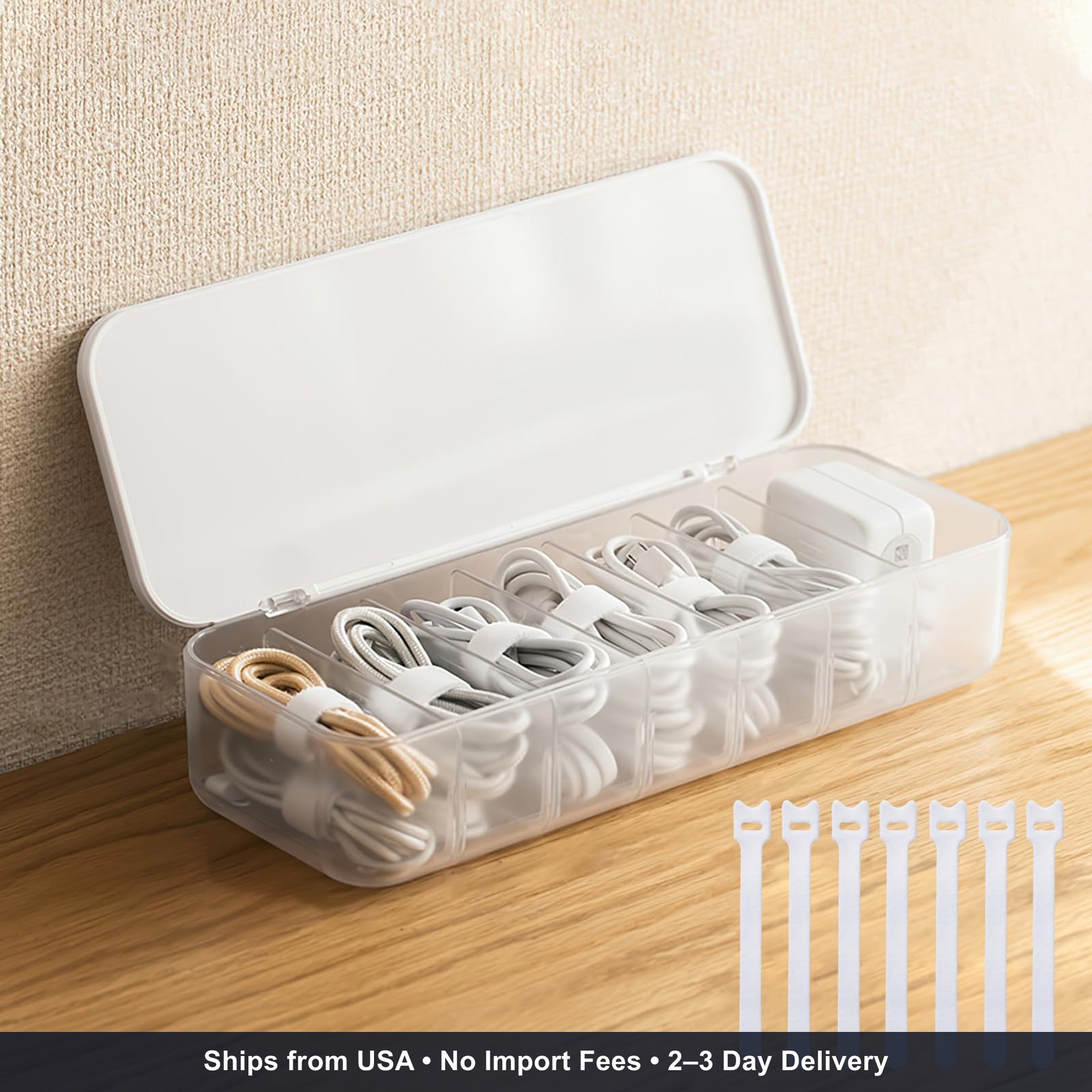 Cable Organizer Storage Box with 7 Wire Ties,Desktop Cable Management Box with L