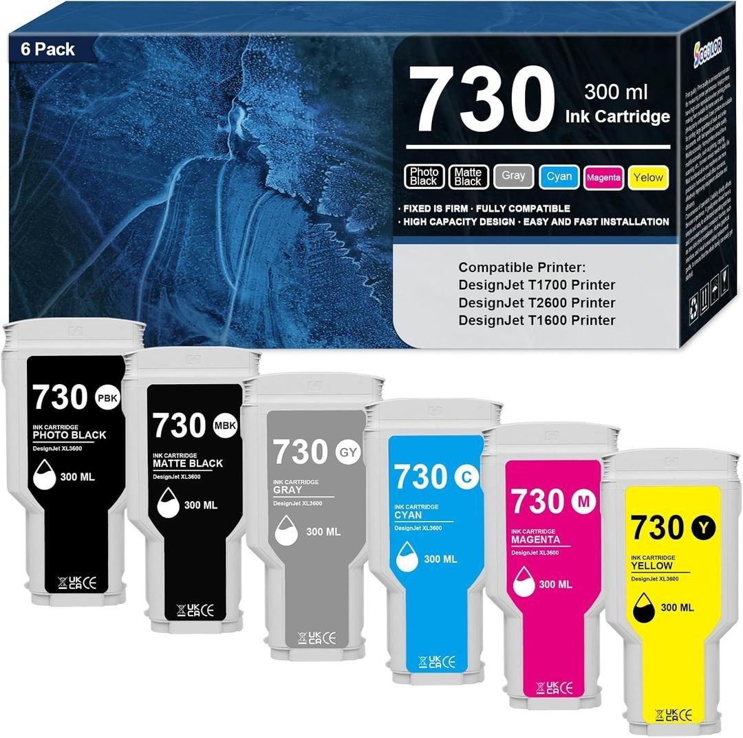 730 Ink Cartridges High-Capacity 300ML 6-Pack Replacement for HP 730 Ink Cartrid