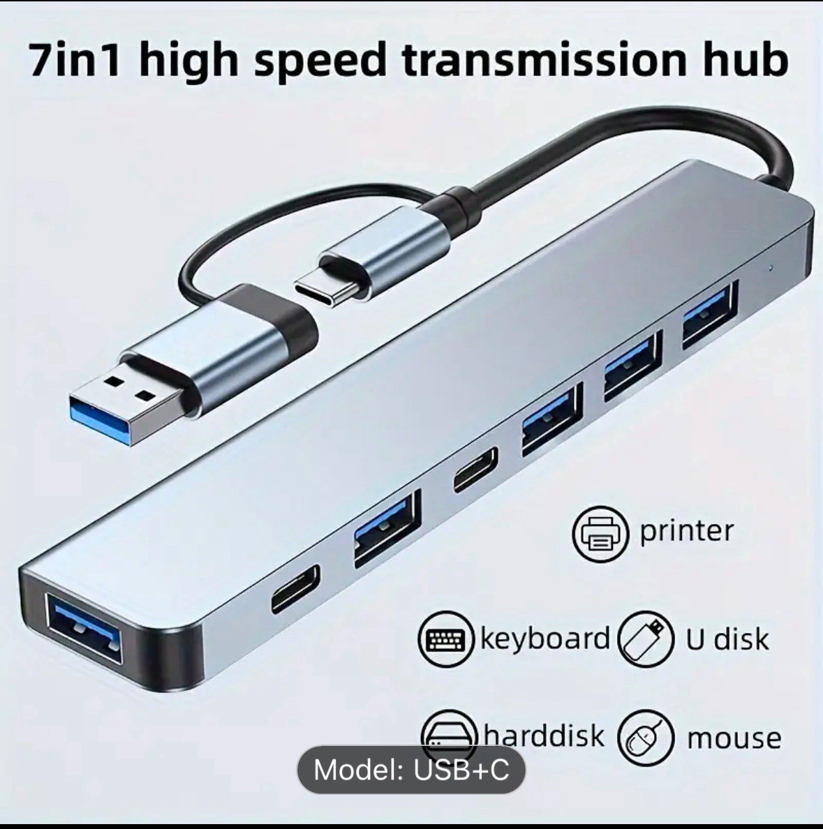 Aluminum 7 in 1 USB C Hub with USB-C+USB-A Compatible