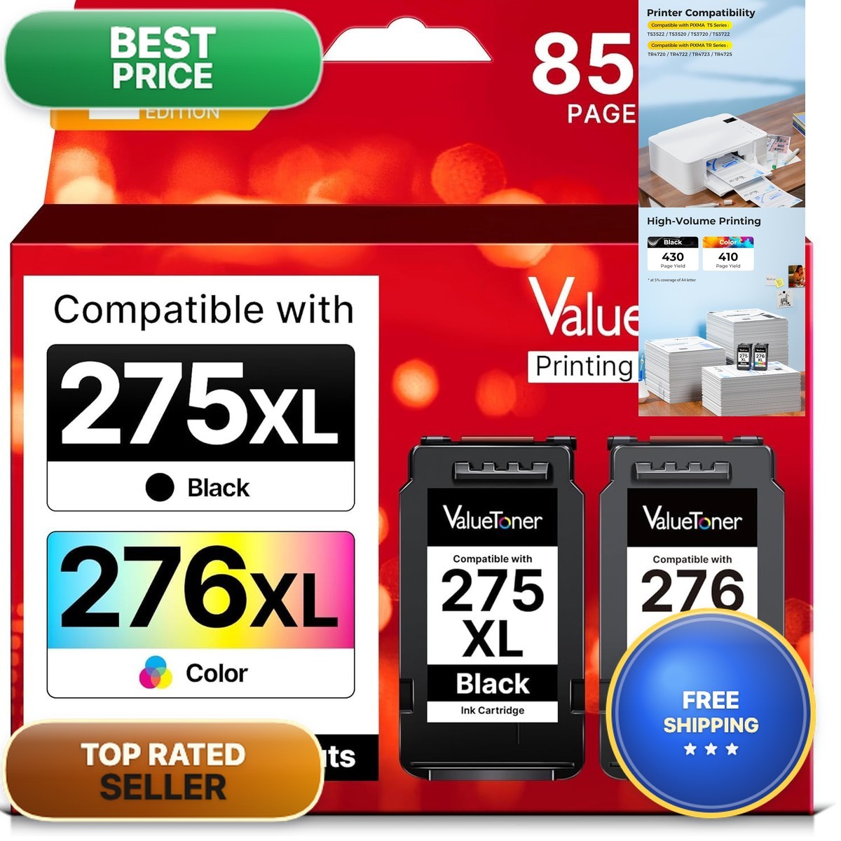 Valuetoner PG-275 CL-276 Ink Cartridges 2-Pack for Canon Pixma TR4720 TS3720