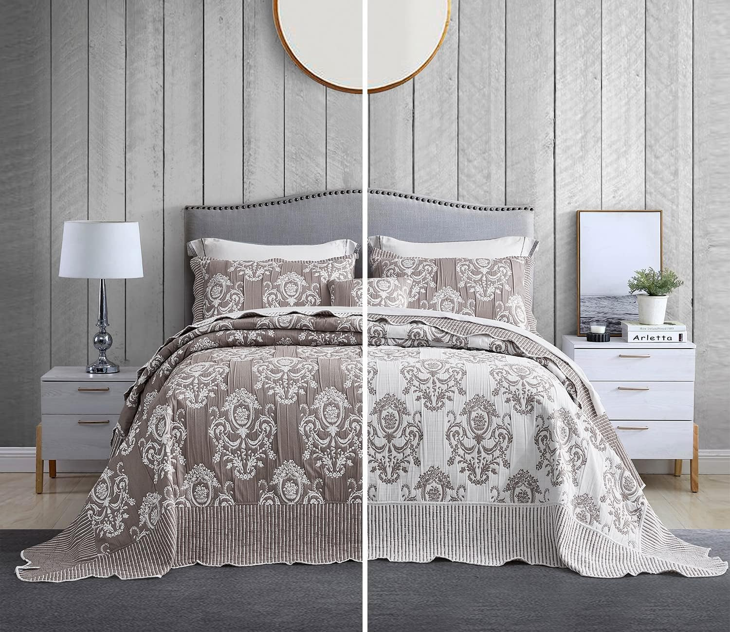 Oversized King Bedspreads 128X120, Jacquard Damask, Taupe Mauve