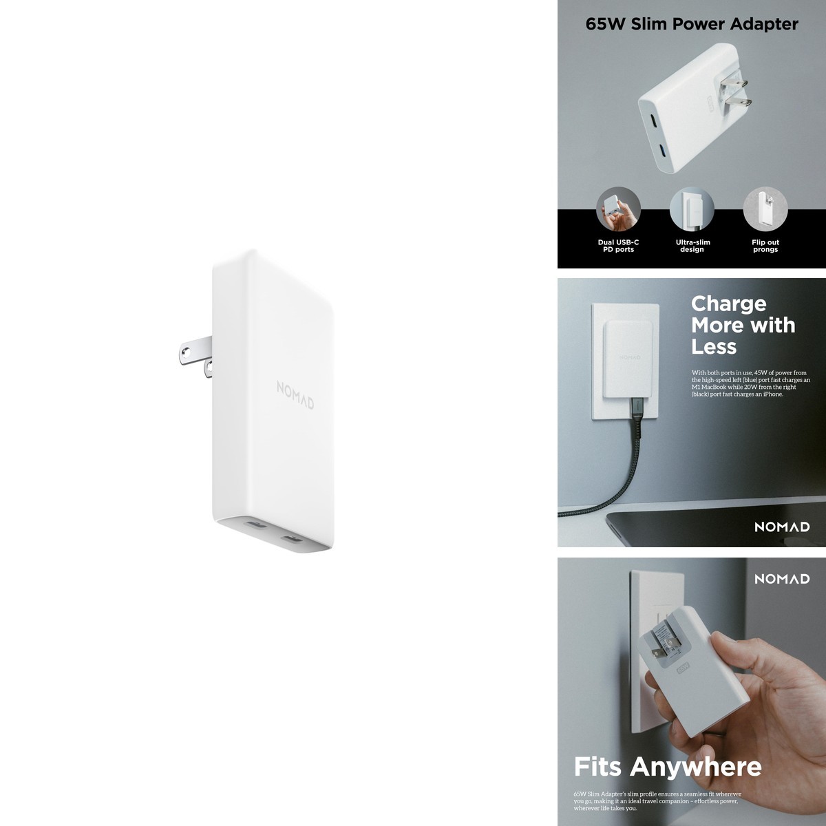 Nomad Slim Power Adapter Dual USB C 65W Wall Charger - White