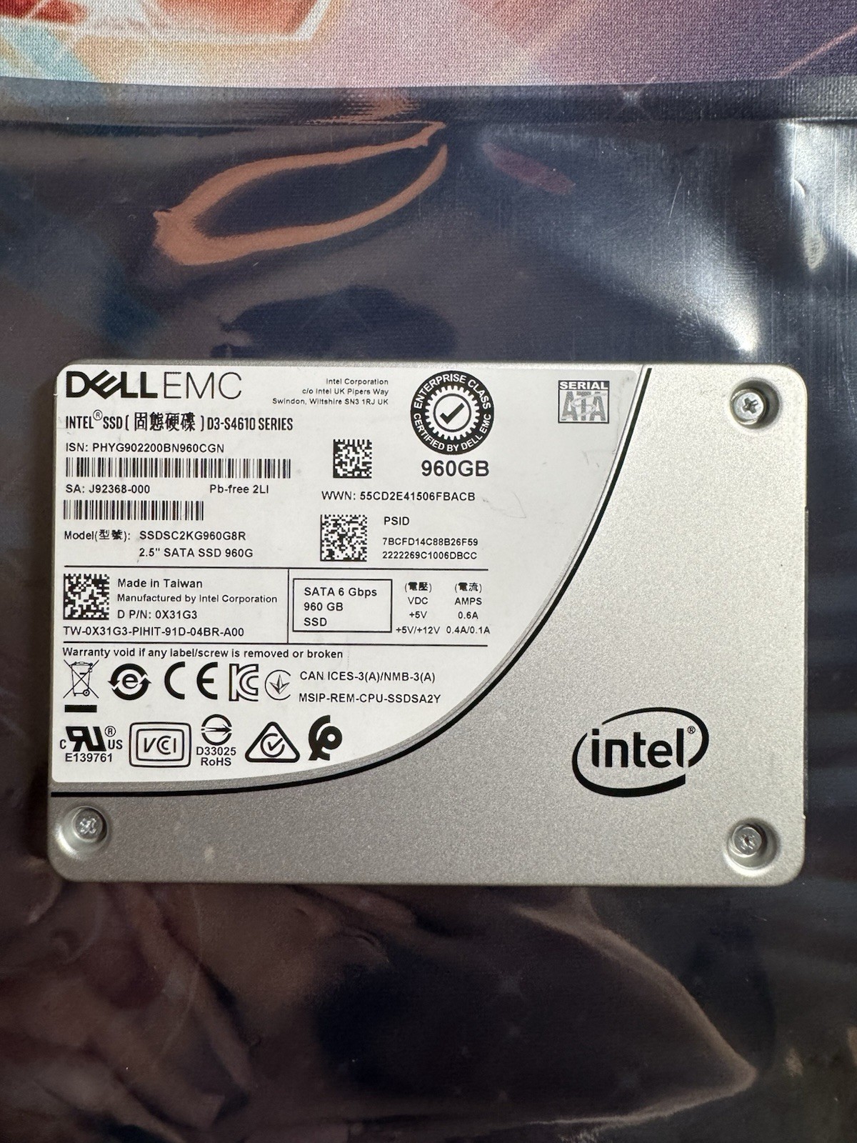 DELL X31G3 Intel D3-S4610 Series 960GB SATA 6Gb/s SSD SSDSC2KG960G8R