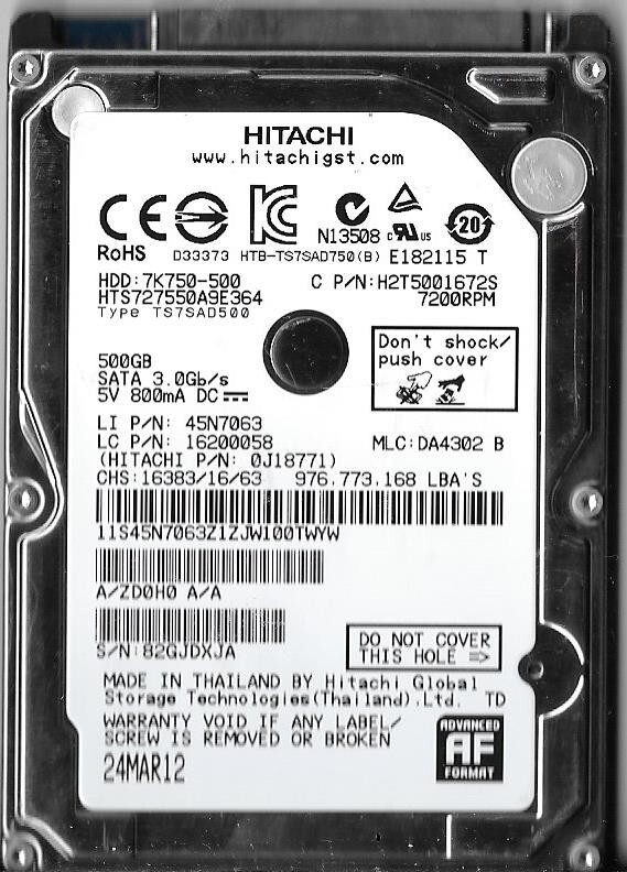 Hitachi HTS727550A9E364 500GB Sata Hard Drive P/N: 0J18771 MLC: DA4302