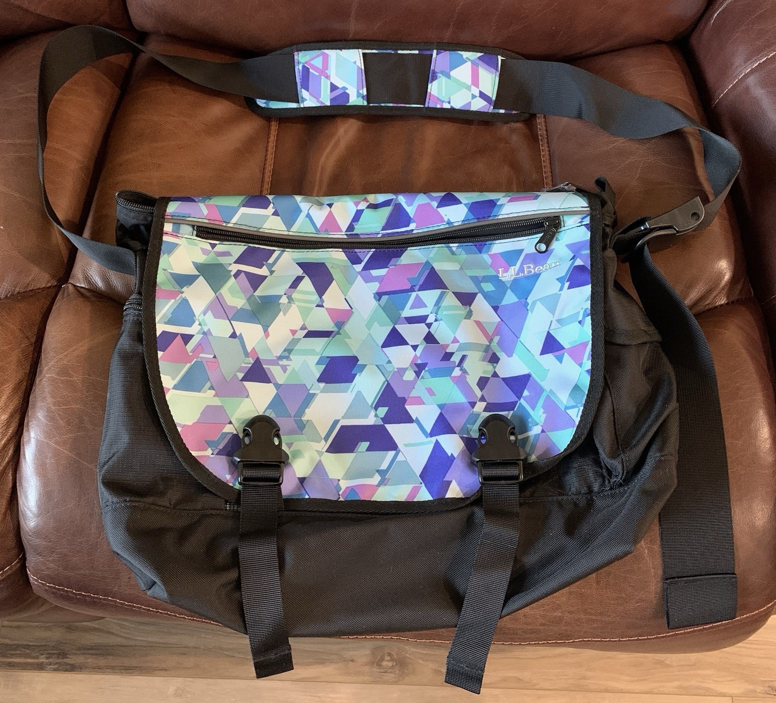 L.L. Bean Black Nylon Messenger Laptop Bag With Geometric Colorful Pattern Flap