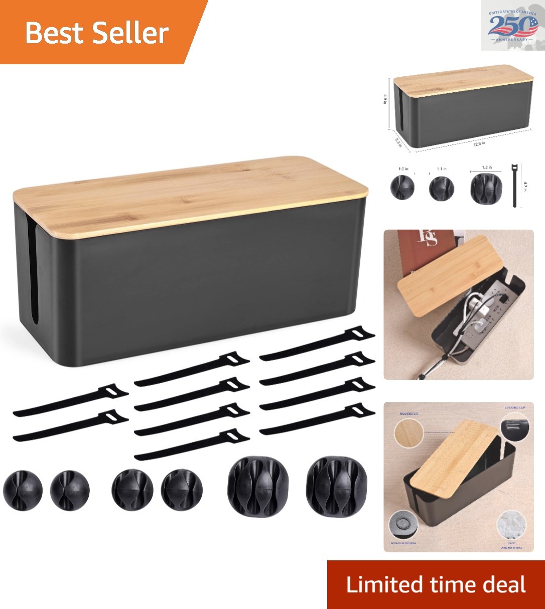 Elegant Cable Management Box with Wood Lid - Stylish Organizer for Home & Office