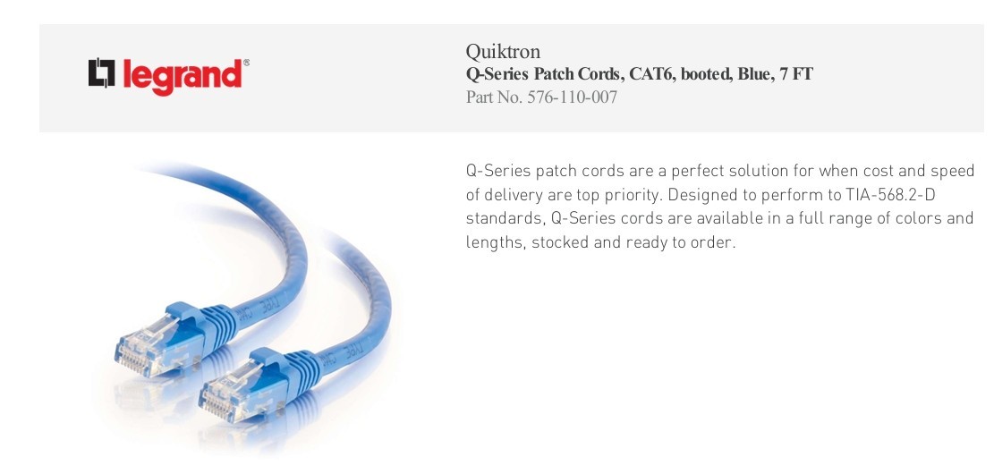Legrand VS 7FT Blue Snagless C6 CM 576-110-007 Patch Cable  (Pack of 5)