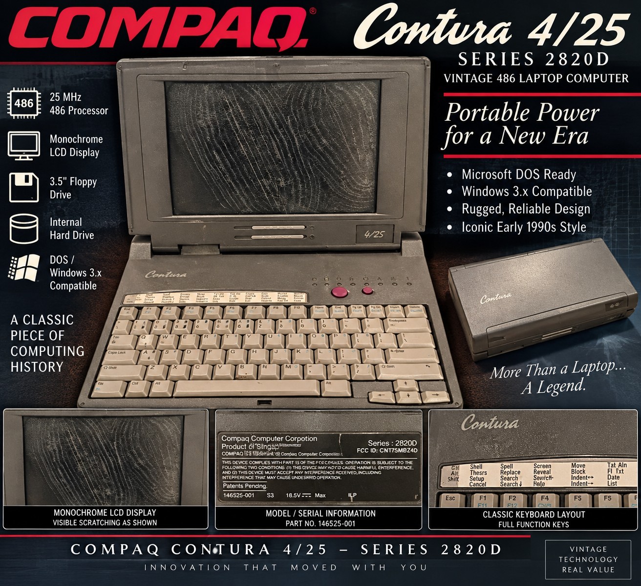 Vintage Compaq Contura 4/25 2820D 486 Laptop Computer DOS Windows 3.x Untested